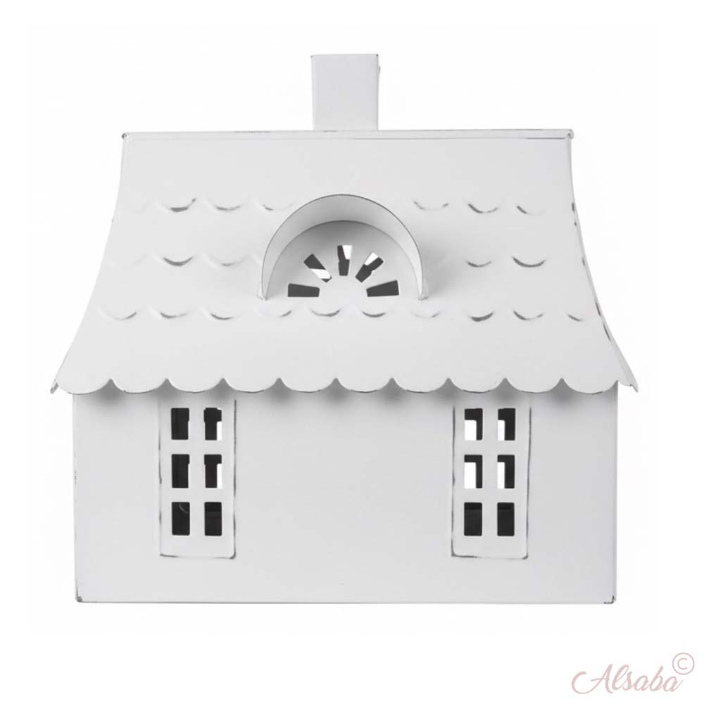 VL Home - Metallhaus weiß mit Walmdach und Glasflaschen