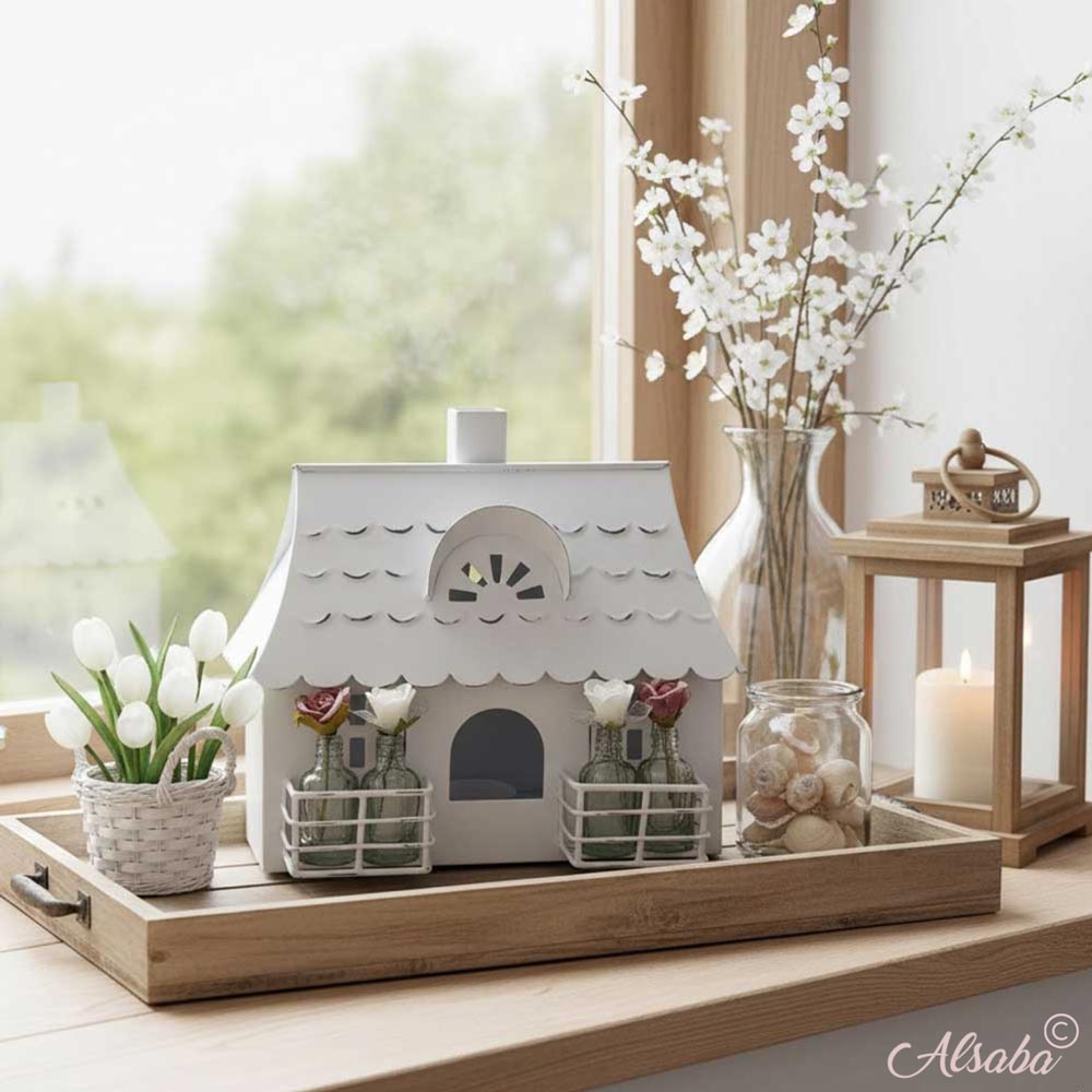 VL Home - Metallhaus weiß mit Walmdach und Glasflaschen