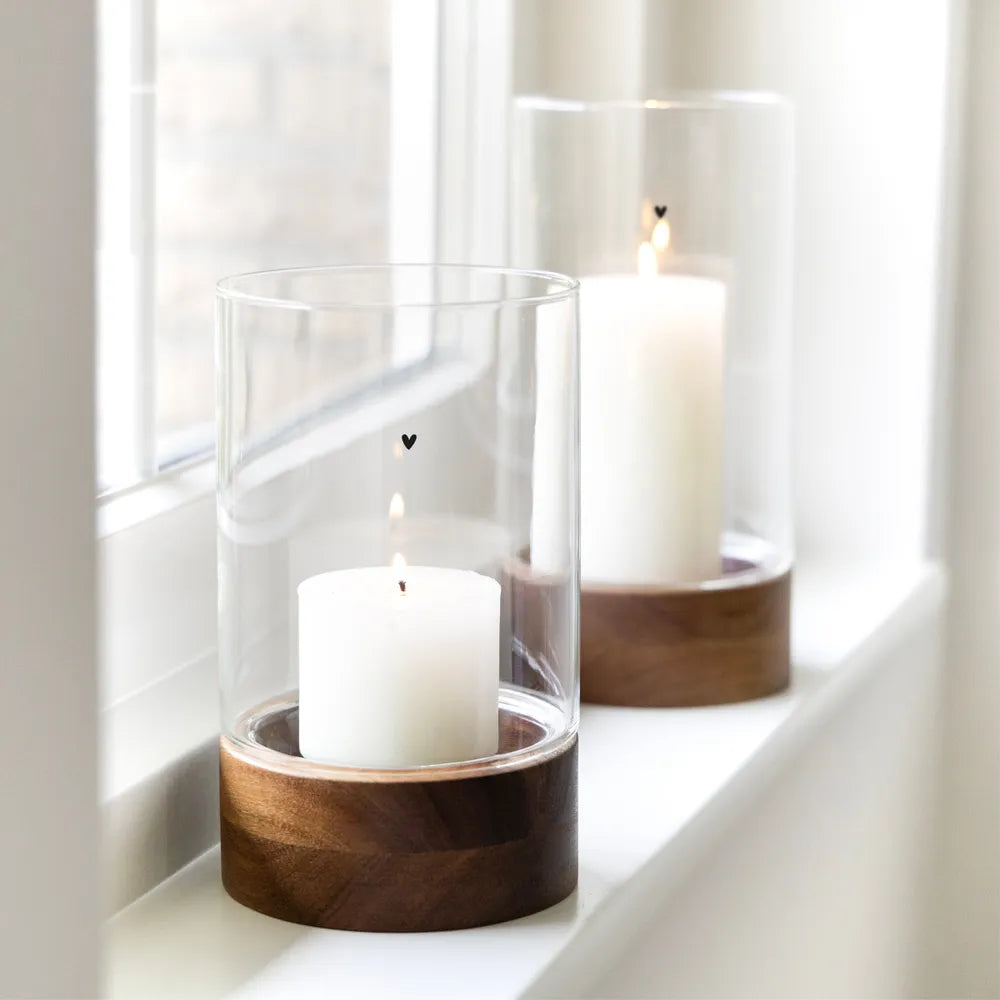 Bastion Collections - Windlicht Glas mit Holzsockel und Herz mittel