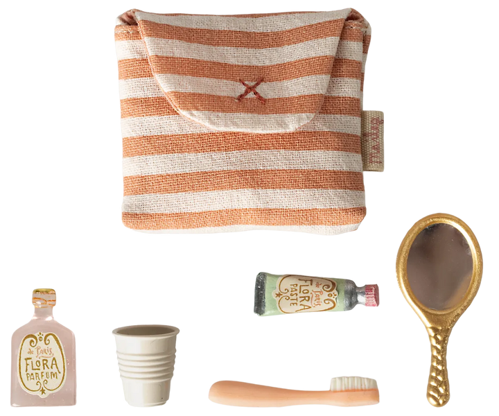 Maileg - Zahnbürsten-Set in Tasche, Maus - Koralle gestreift