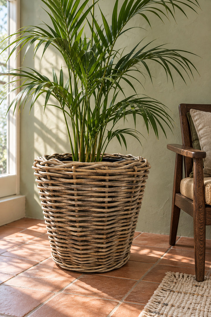 Großer geflochtener Rattan-Übertopf mit schwarzem Einsatz und Palme auf Terrakottafliesen neben einem Holzsessel.