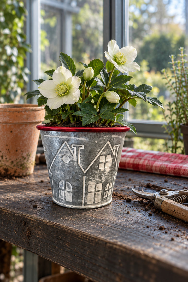 Zink-Übertopf mit geprägten Häusern und rotem Rand, bepflanzt mit einer weißen Christrose.