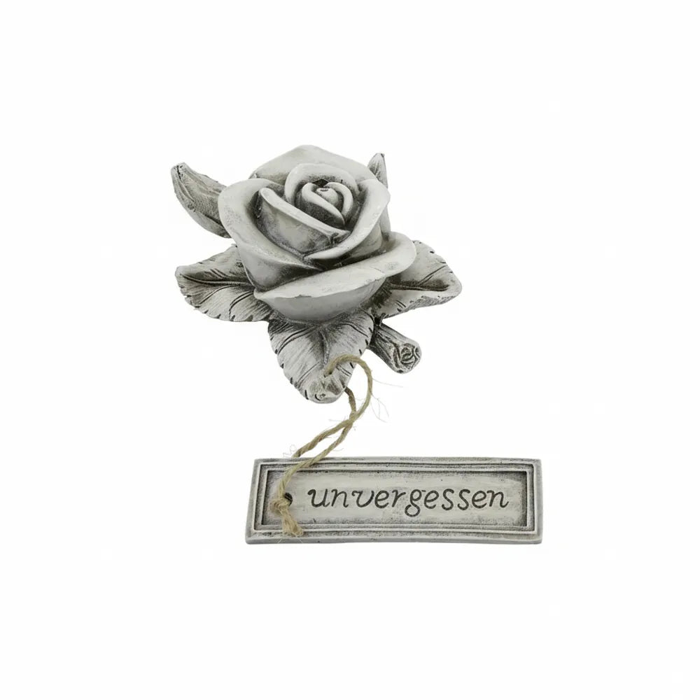 Gilde - Gedenkdeko Blume "unvergessen" Schriftzug grau