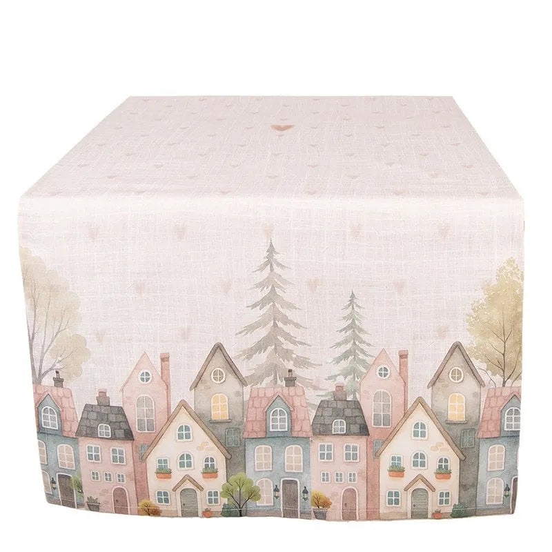 Clayre & Eef. Tischläufer Baumwoll Häusermotiv Beige