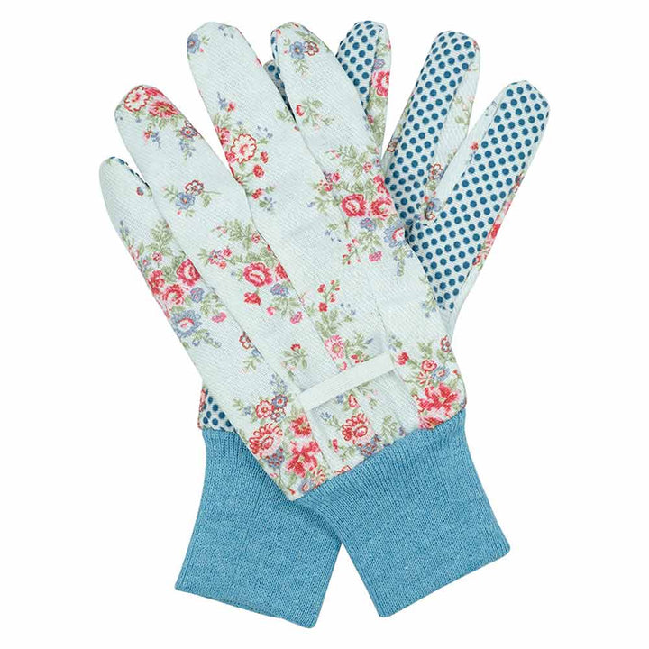 Ein Paar GreenGate - Ailis Gartenhandschuhe in Hellblau mit blauen Griffpunkten an den Handflächen und Fingern.