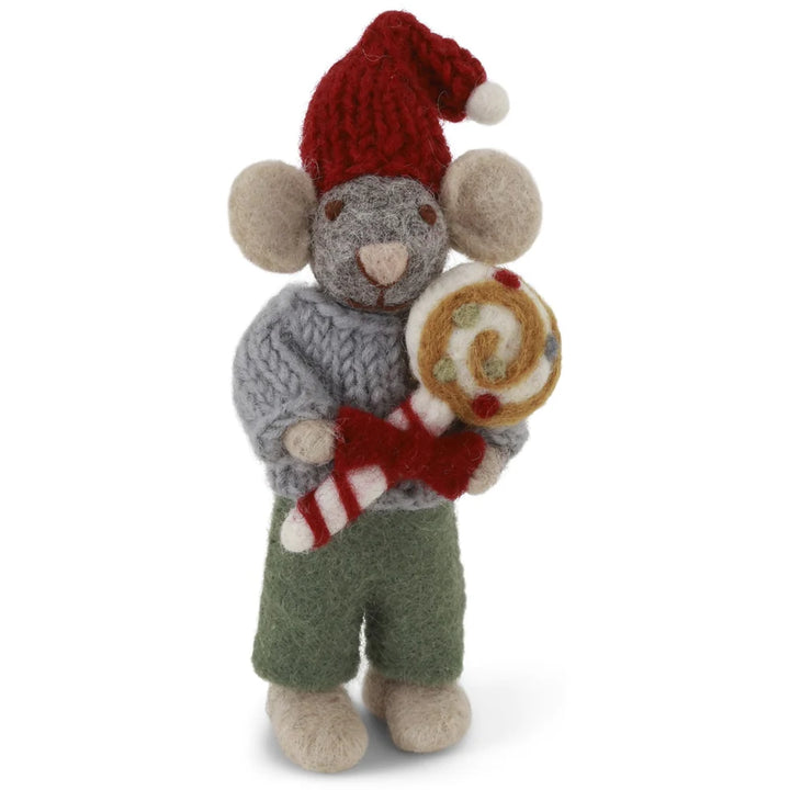 Gry &amp; Sif – Kleine graue Jungenmaus mit Weihnachtszuckerstange