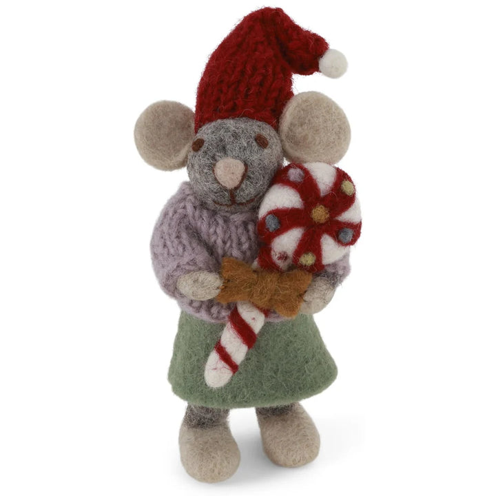 Gry &amp; Sif – Kleine graue Mädchenmaus mit Weihnachtszuckerstange