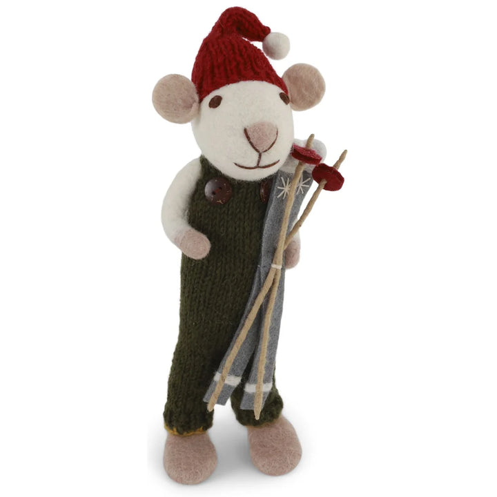 Gry & Sif - Mittelgroße weiße Jungenmaus mit grüner Hose & Ski