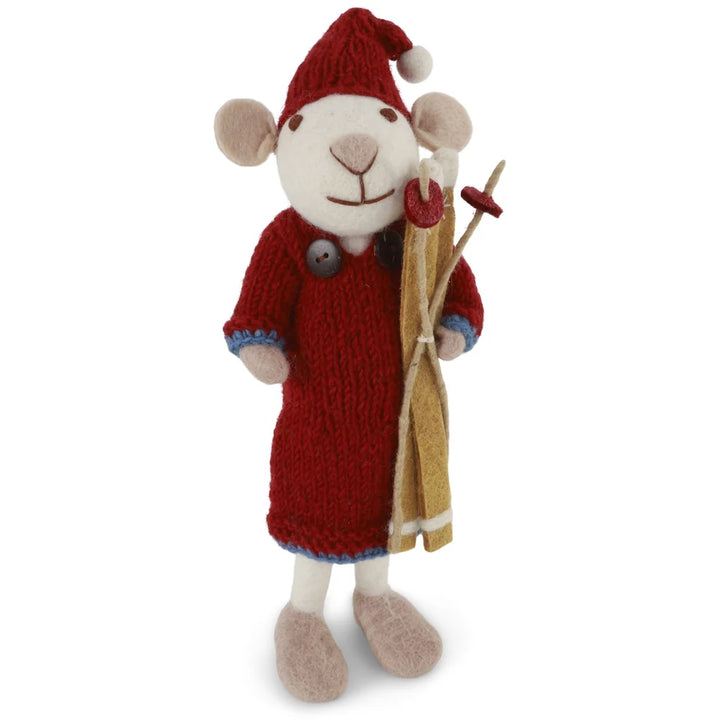 Gry & Sif – Mittelgroße weiße Mädchenmaus mit rotem Kleid & Ski