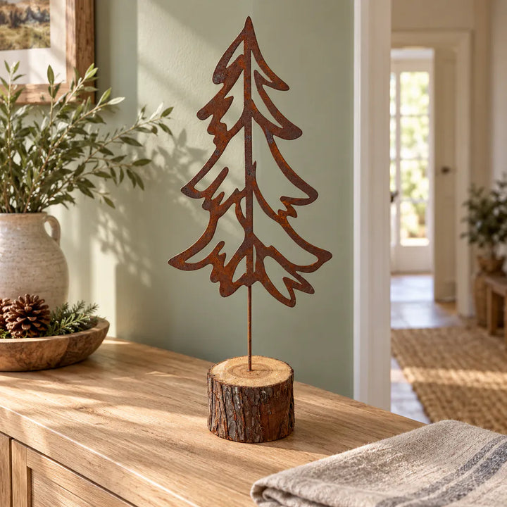 Alsaba Home - Deko-Tannenbaum aus Rostmetall auf Holzstamm-Fuß L