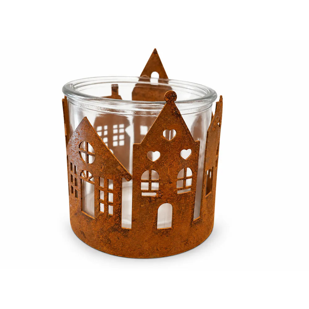 Alsaba Home - Windlicht Glaseinsatz Häusermotiv Rostoptik 10 cm