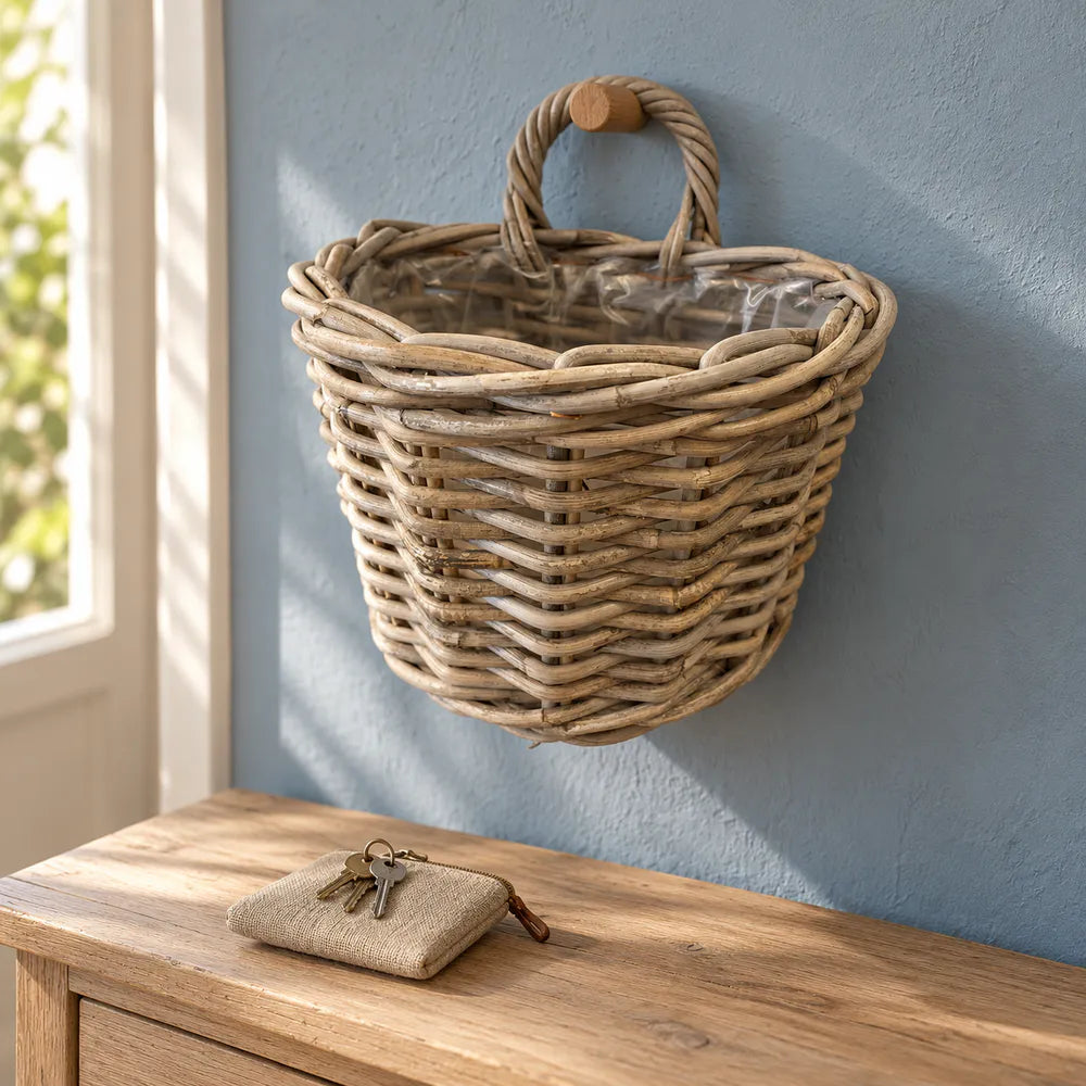 Alsaba Home - Wandkorb Geflochtener Rattan Henkel Folieneinsatz