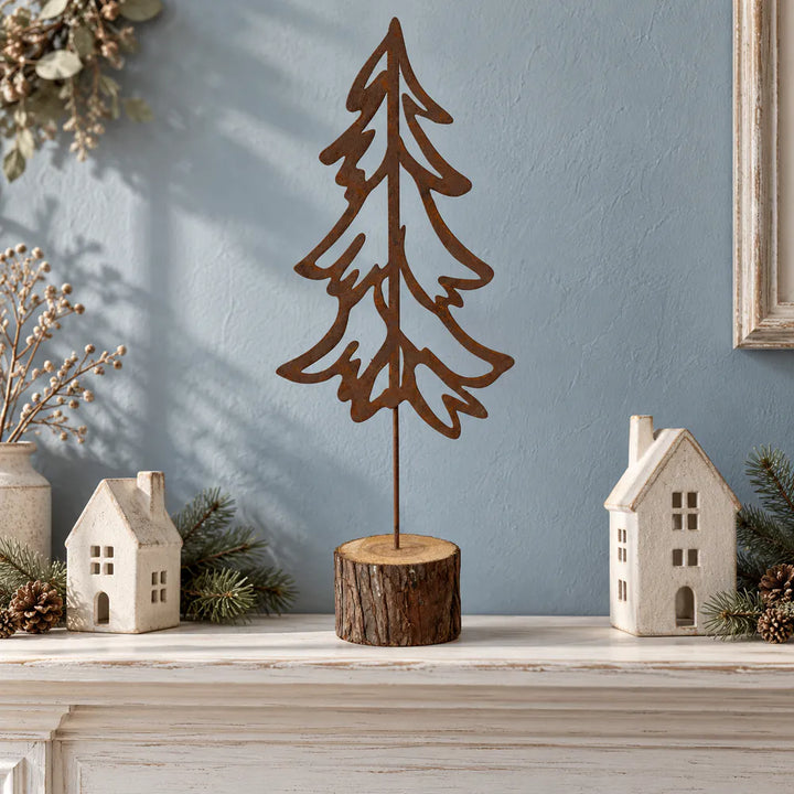 Alsaba Home - Deko-Tannenbaum aus Rostmetall auf Holzstamm-Fuß L