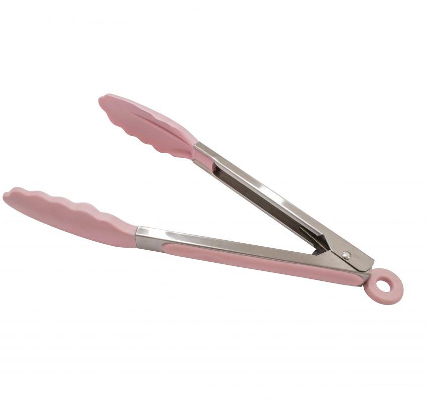 Eine Nahaufnahme einer Isabelle Rose - Küchenzange aus Silikon und Metall rosa.