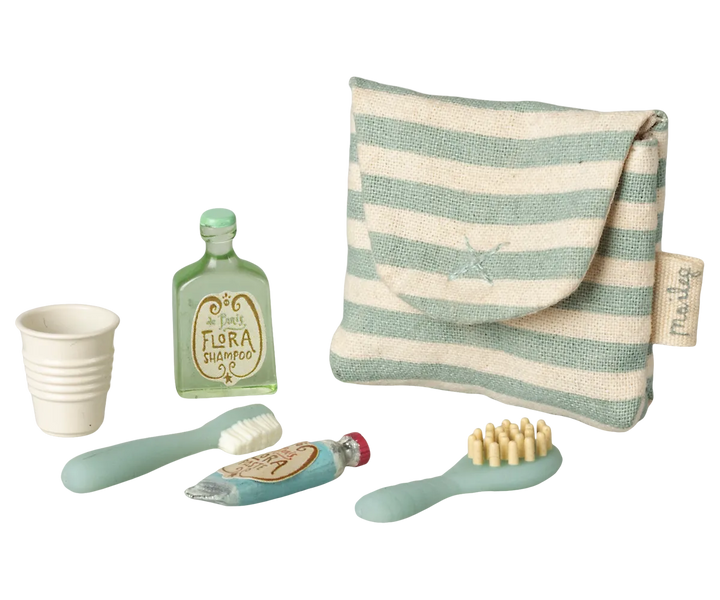 Maileg - Zahnbürsten-Set in Tasche, Maus - Blaue Streifen