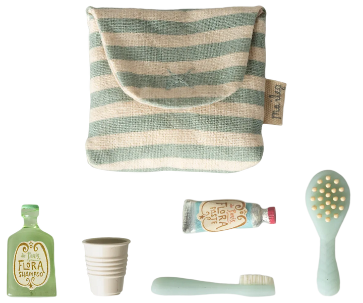 Maileg - Zahnbürsten-Set in Tasche, Maus - Blaue Streifen
