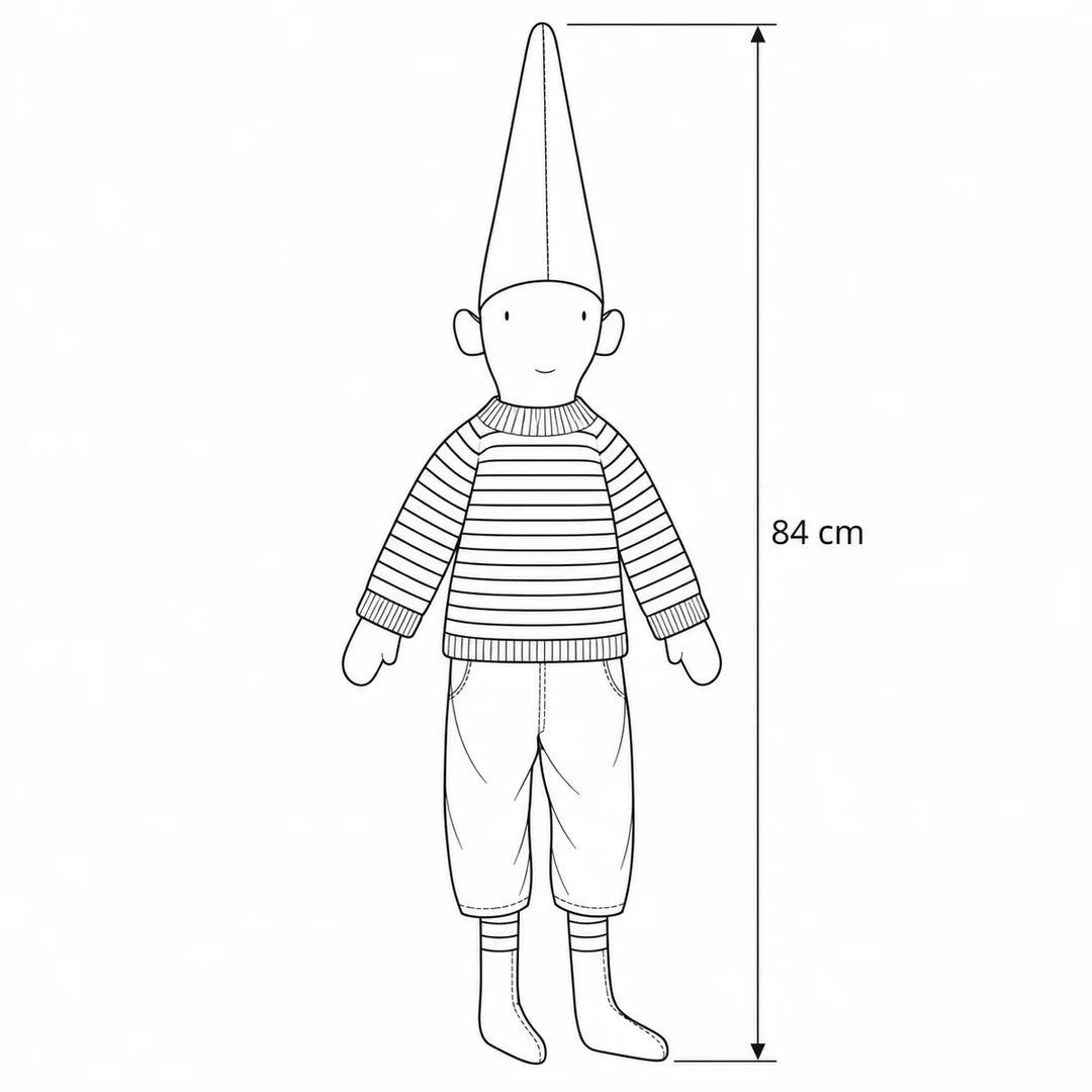Maileg - Wichtel Pixy Aksel Größe 5 Gestreifter Strickpullover – Maßskizze, Höhe 84 cm 