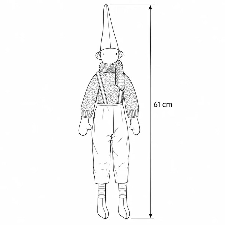 Maileg - Wichtel Pixy Espen Größe 4 Gestrickter Pullover und Schal – Maßskizze, Höhe 61 cm 