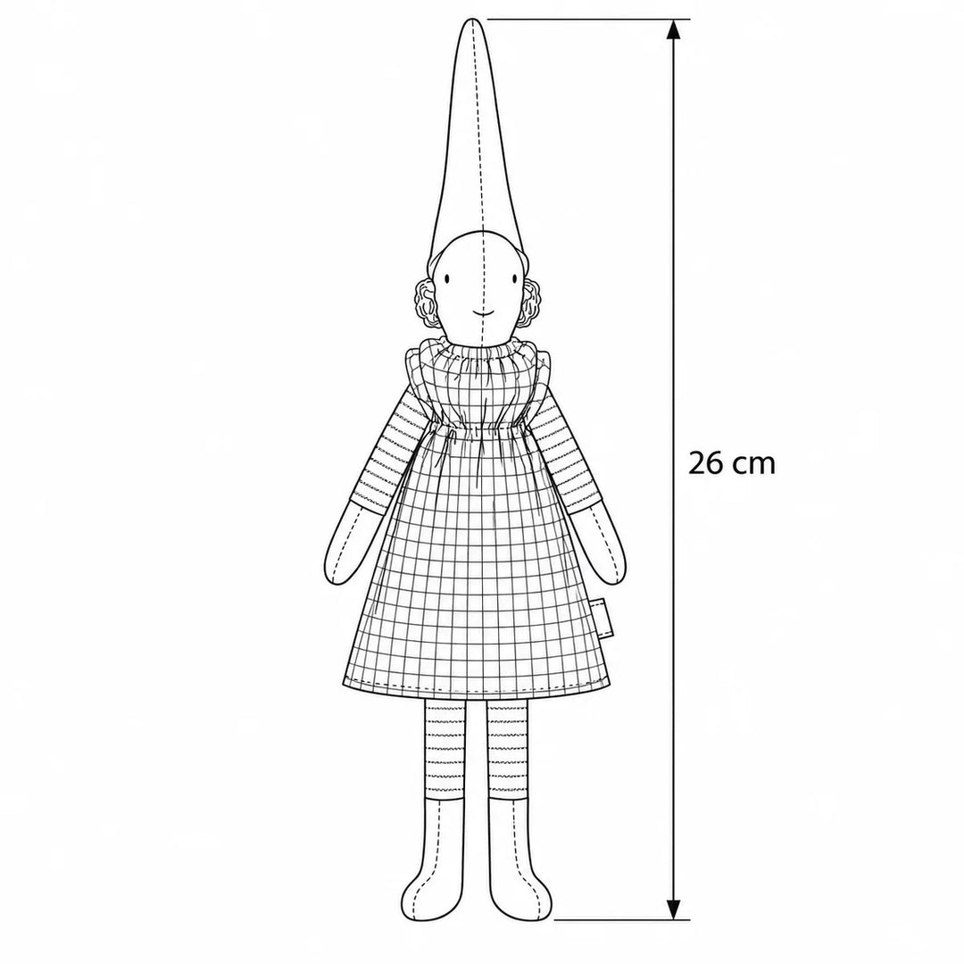 Maileg - Wichtel Pixy Größe 1 Liv Blaues Kleid – Maßskizze, Höhe 26 cm 