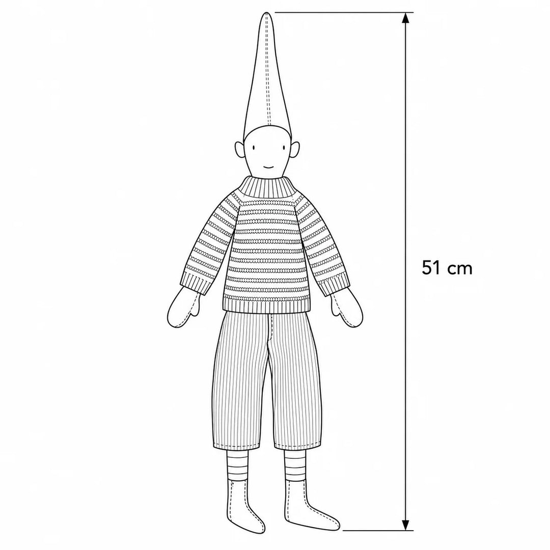Maileg - Wichtel Pixy Viggo Größe 3 Gestreifter Strickpullover – Maßskizze, Höhe 51 cm 