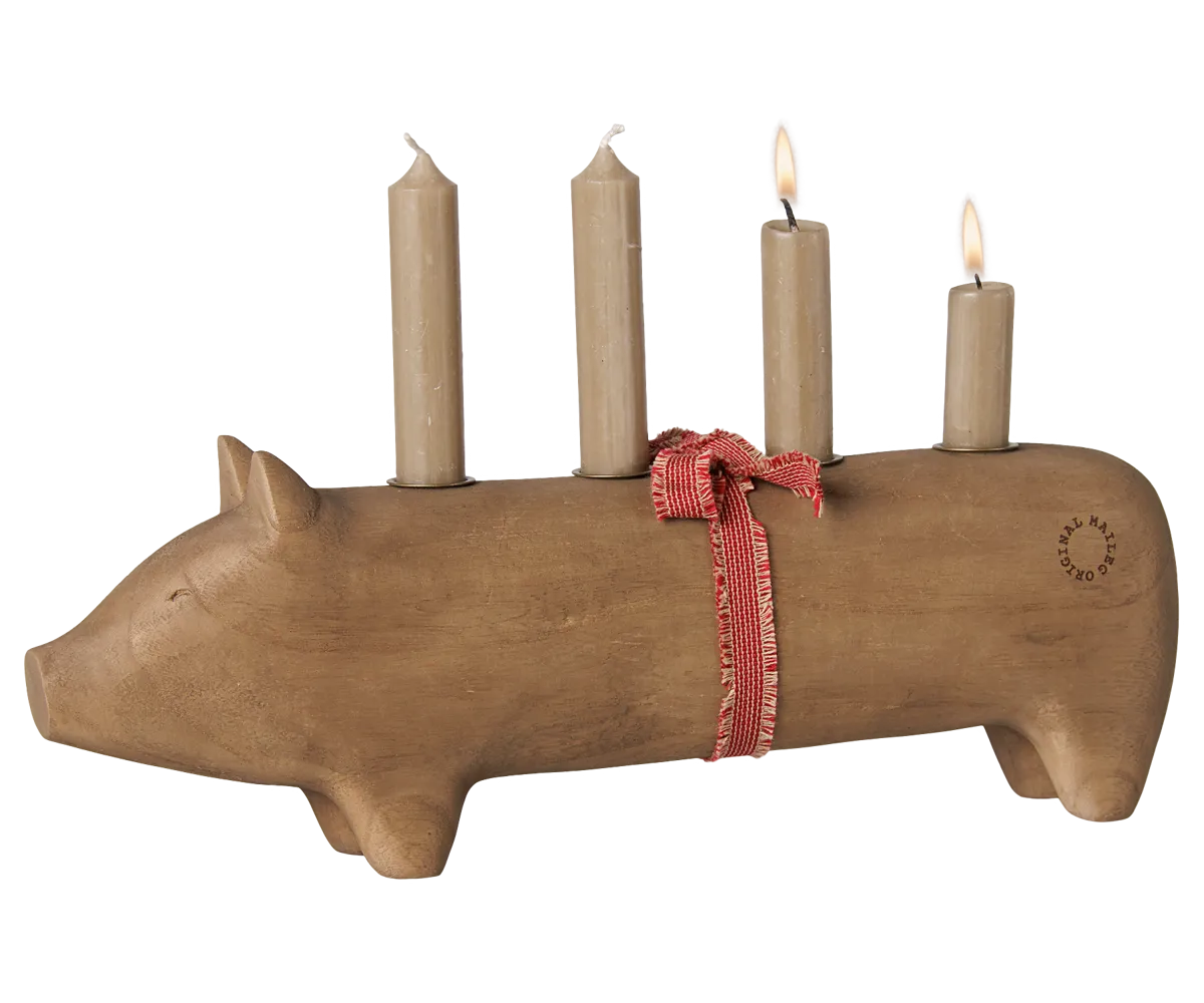 Maileg - Kerzenhalter aus Holz, Schwein, Advent groß - Natur