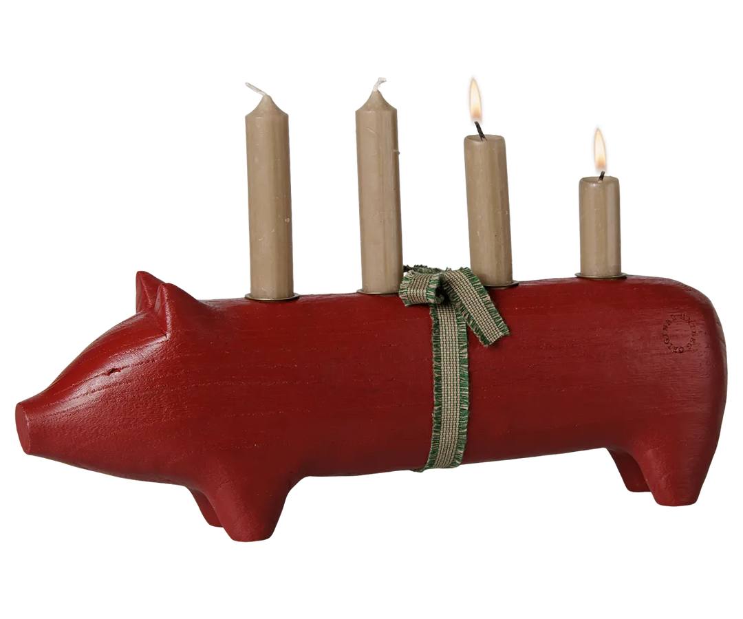 Maileg - Kerzenhalter aus Holz, Schwein, Advent groß - Rot