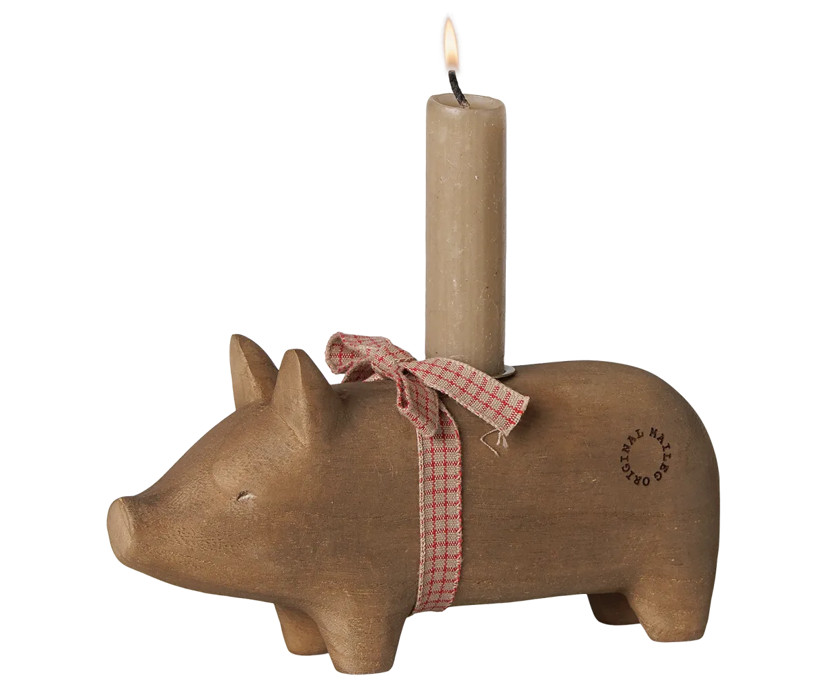 Maileg - Kerzenhalter aus Holz, Schwein, Mittel - Natur