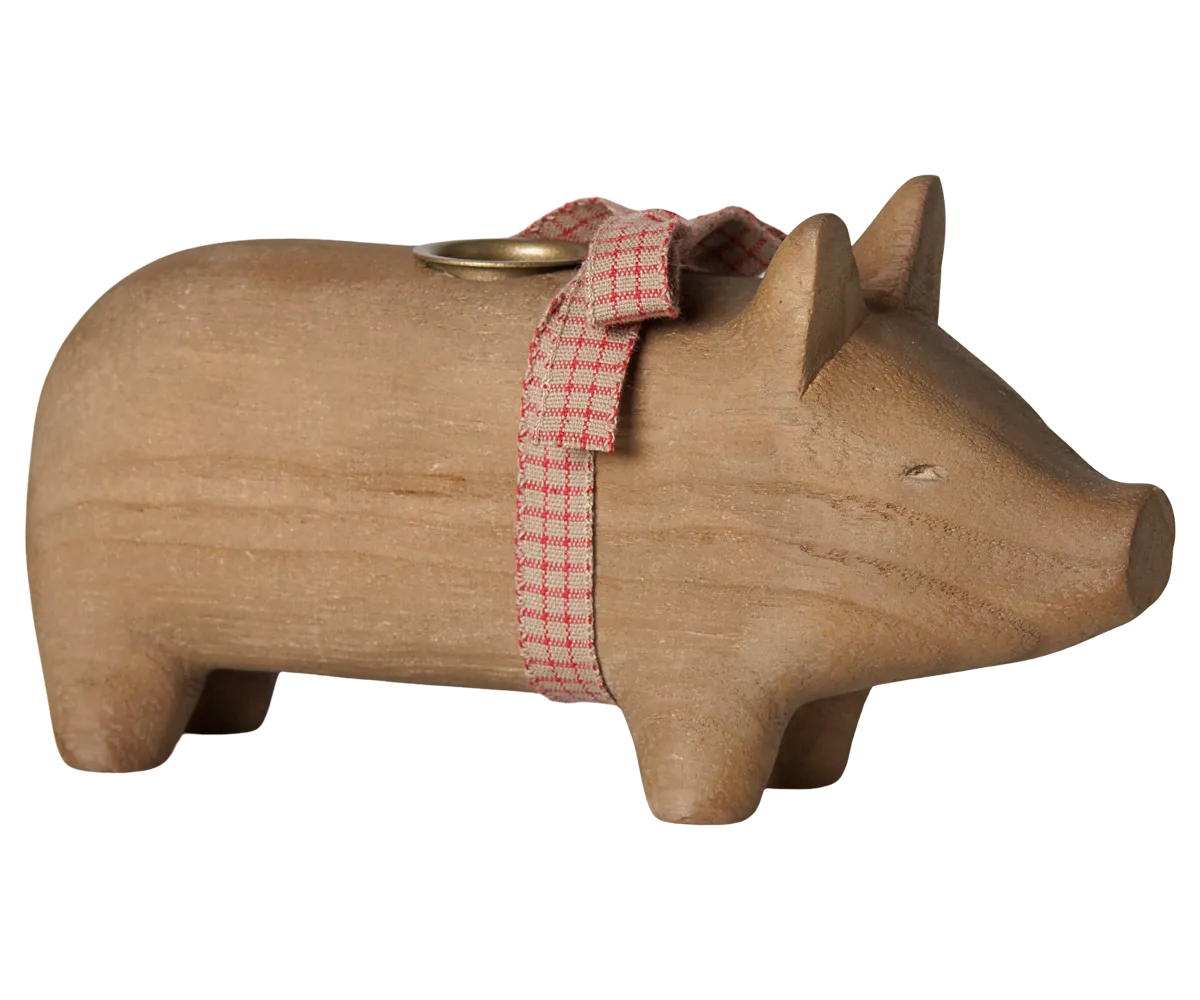 Maileg - Kerzenhalter aus Holz, Schwein, Mittel - Natur