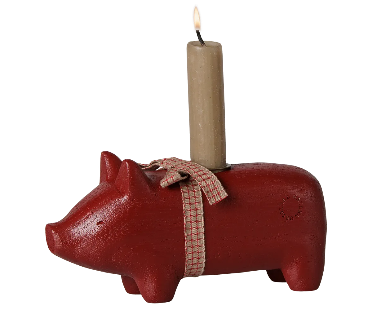 Maileg - Kerzenhalter aus Holz, Schwein, Medium - Rot