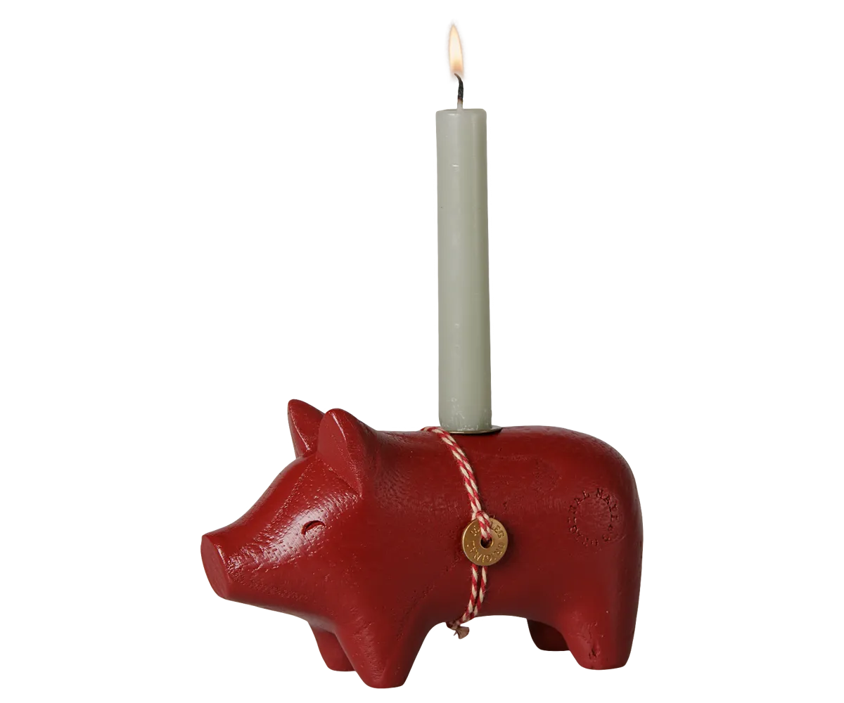 Maileg - Holzkerzenhalter, Schwein, Klein - Rot