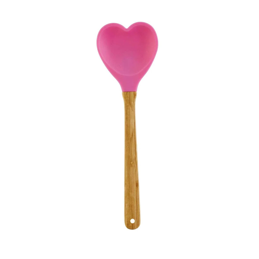 Ein rosa Rice - Kochlöffel in Herzform mit Holzgriff.