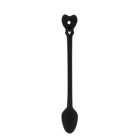 A Bastion Collections - Löffel für Latte Macchiato Herz schwarz mit schwarzem Griff auf weißem Hintergrund, perfekt für den Genuss eines Latte Macchiato.