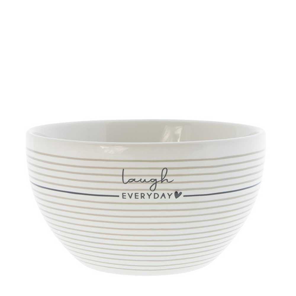A Bastion Collections – Schüssel Laugh Everyday Streifen mit der Aufschrift „Laugh Everyday“ darauf.