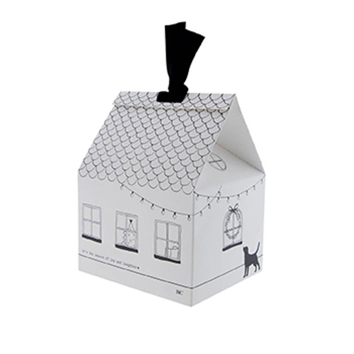Eine schwarz-weiße Bastion Collections – Geschenkebox für Tasse Merry Christmas mit Schlaufe mit einer Katze darauf.