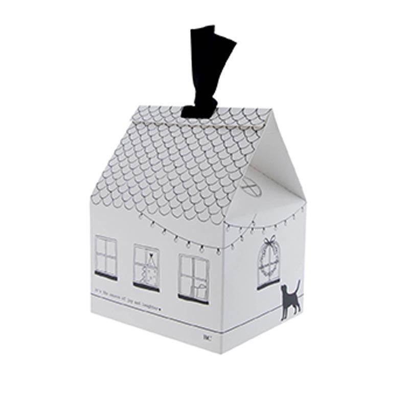 Eine schwarz-weiße Bastion Collections – Geschenkebox für Tasse Merry Christmas mit Schlaufe mit einer Katze darauf.