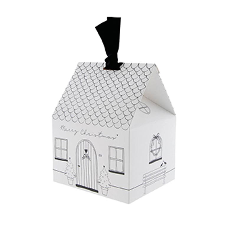 Eine weiße Bastion Collections – Geschenkebox für Tasse Merry Christmas mit Schlaufe mit einem Haus darauf.