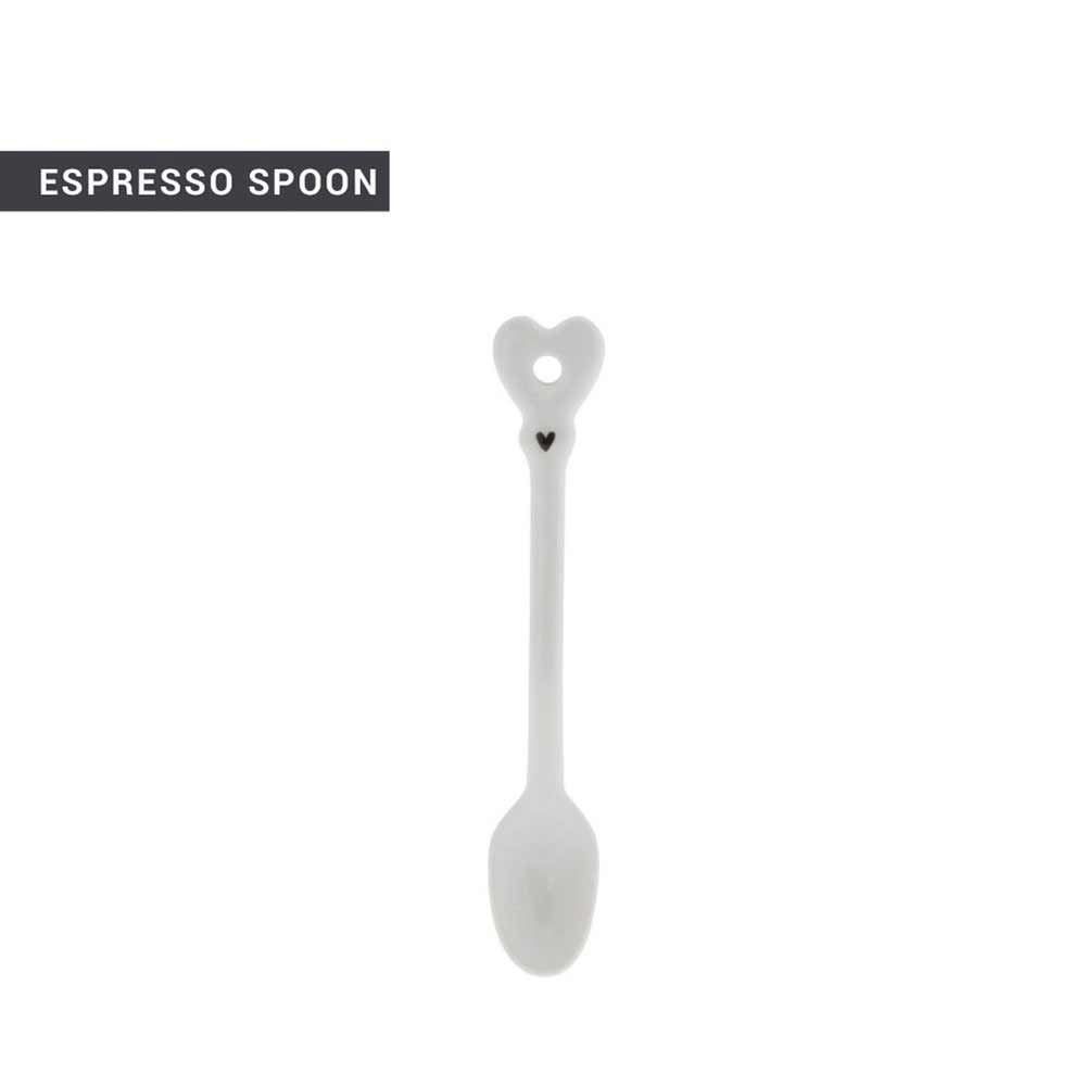 A Bastion Collections – Löffel für Espresso Herz weiß mit dem Wort Espresso darauf.
