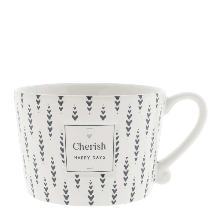 A Bastion Collections - Tasse Cherish Happy Days mit schwarz-weißem Design.