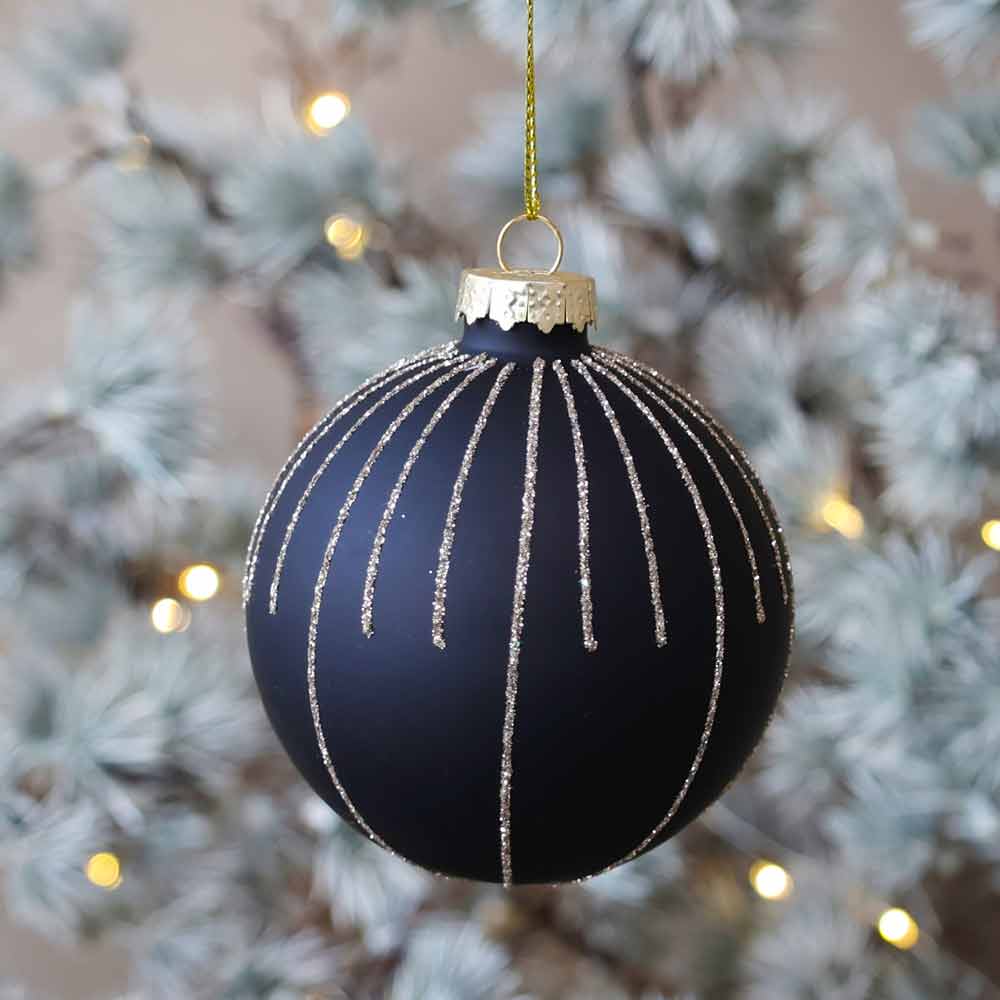 Schwarze Weihnachtskugel mit Glitzerlinien 8 cm – Alsaba