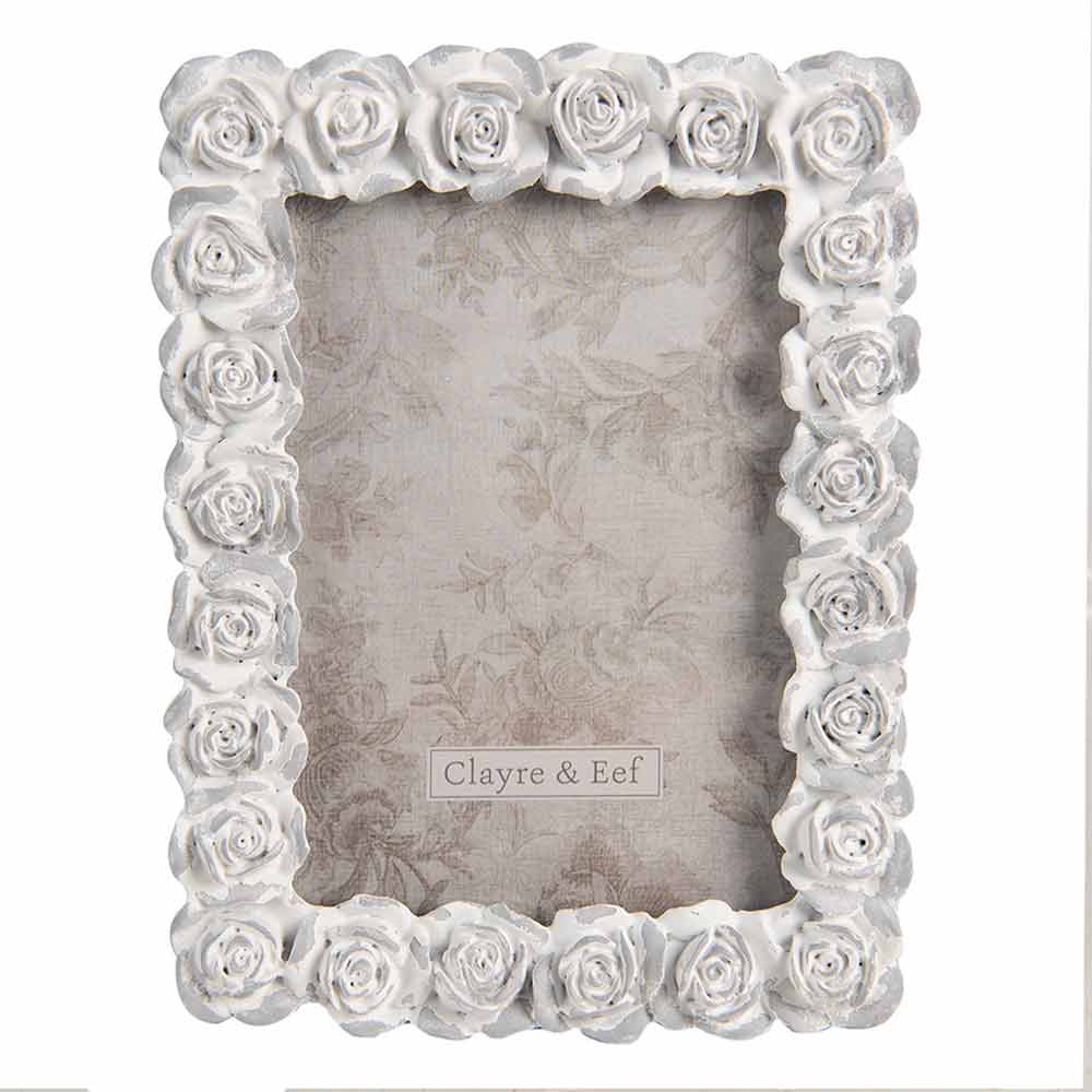 Clayre & Eef - Fotorahmen mit weißen Rosen Shabby Chic (Fotoformat 12 x 16 cm)