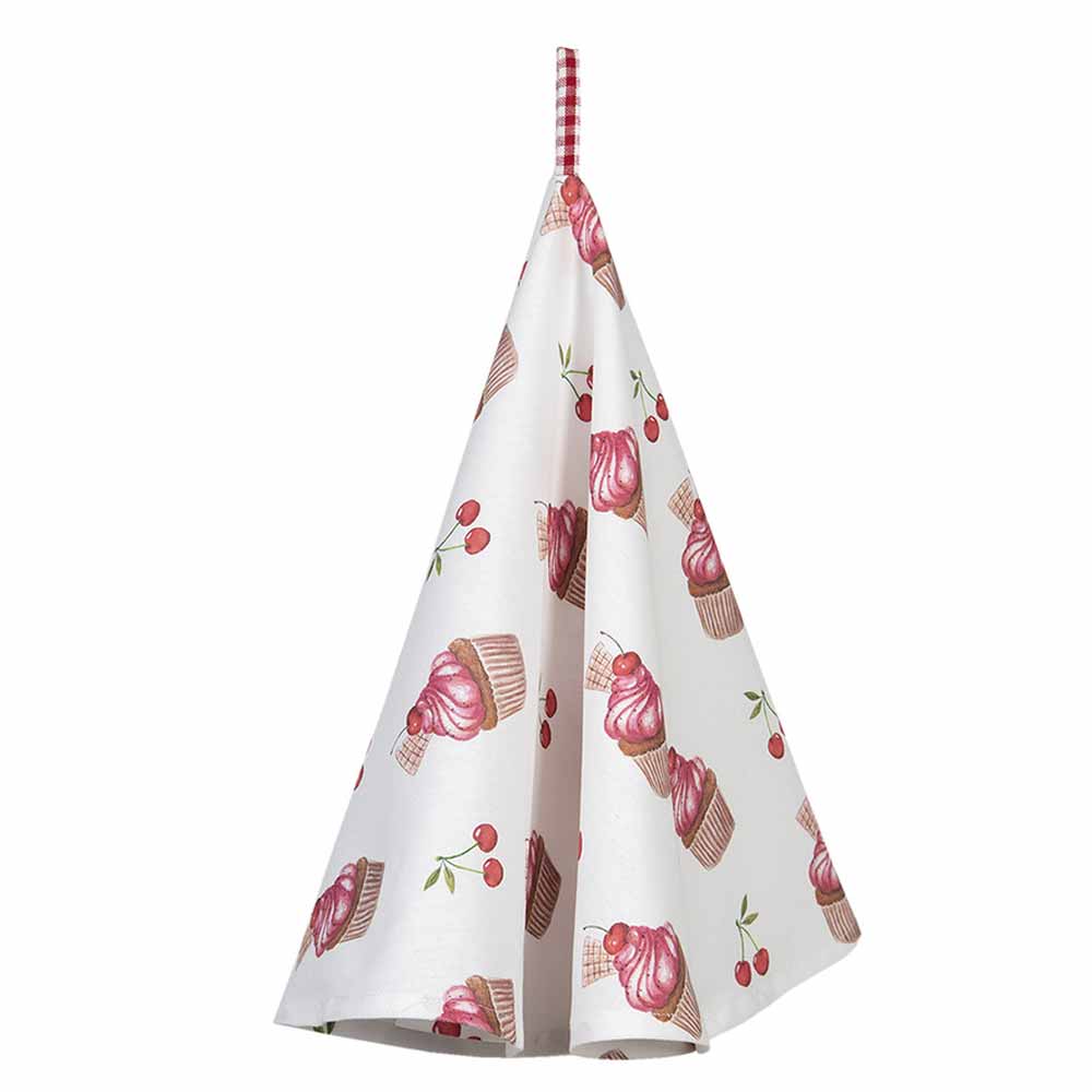 Kitchen Clayre & Eef - Geschirrtuch Cupcake Cherry rund mit einer rot-weiß karierten Aufhängeöse und einem Aufdruck mit Cupcakes und Kirschen auf weißem Hintergrund.