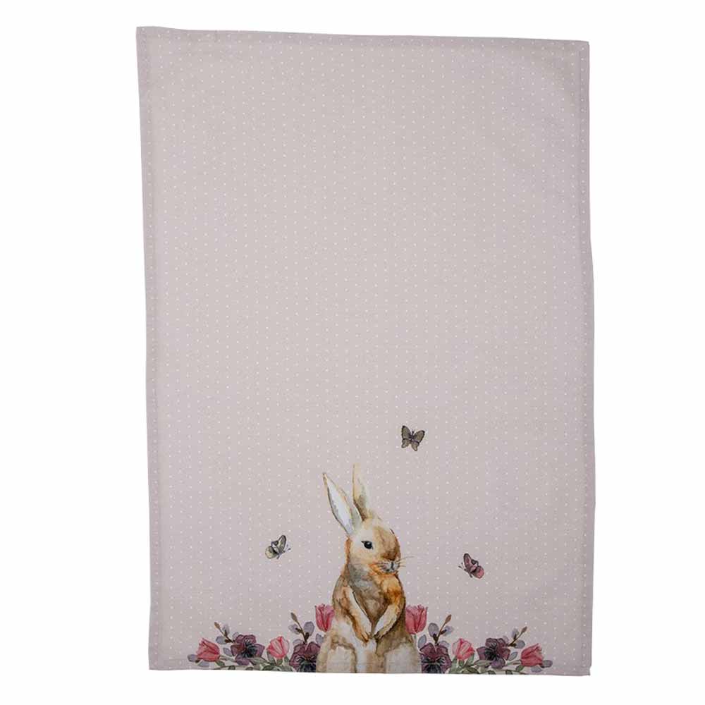 Illustration eines Kaninchens mit Schmetterlingen auf einem gepunkteten Hintergrund, möglicherweise ein gedrucktes oder textiles Design von Clayre & Eef - Geschirrtuch Easter Flower.