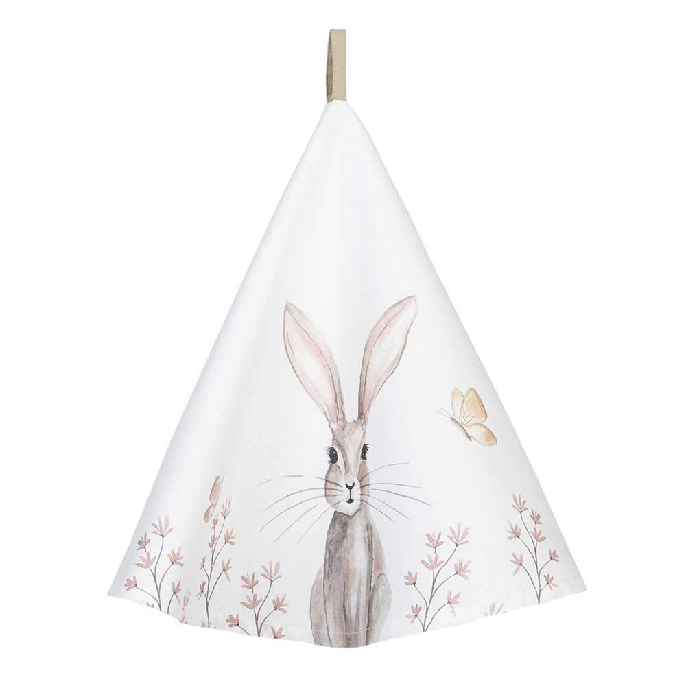 Kinder-Tipi mit Hase beige rund und Schmetterlingsillustration.