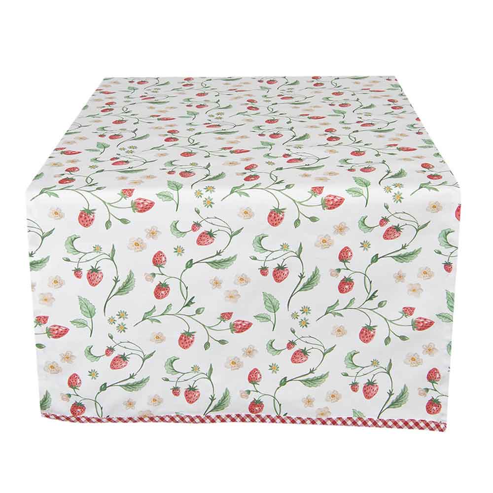 Clayre & Eef - Tischläufer Strawberry Länge: 140 cm mit Blumen- und Früchtemuster, verziert mit einer roten Borte, dargestellt auf einem einfarbigen Hintergrund.