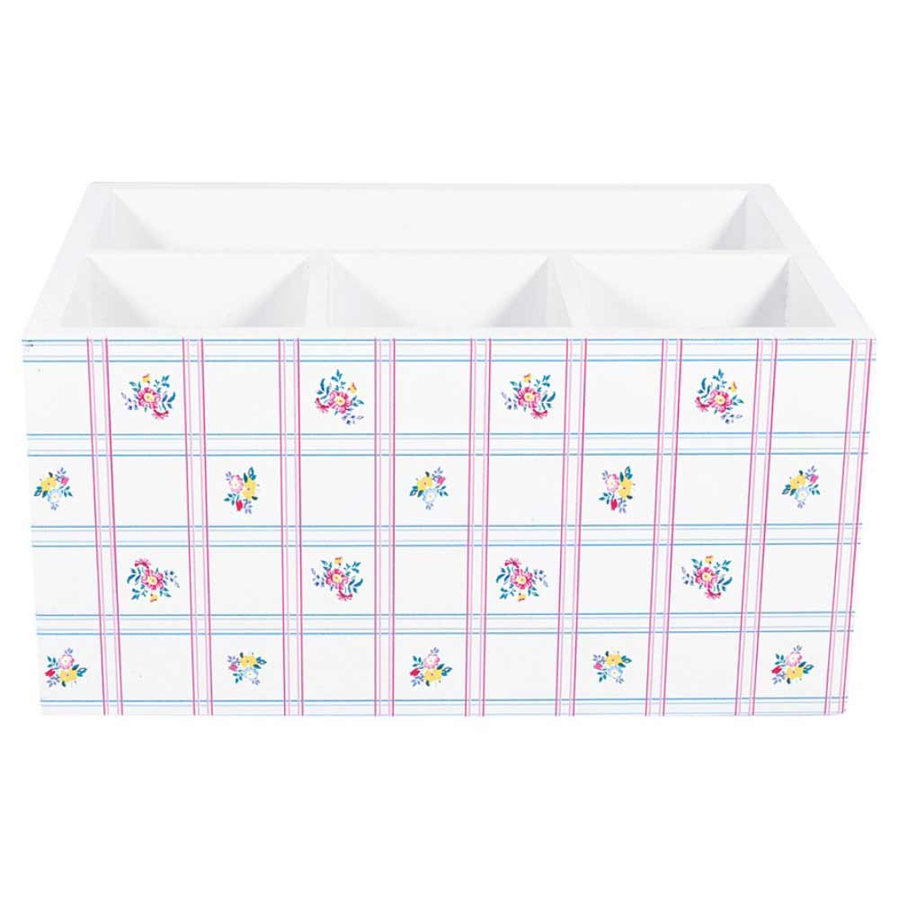 GreenGate - Gaby Besteckkasten, weißer Organizer mit mehreren Fächern, mit einem Karomuster und floralen Designs, isoliert auf weißem Hintergrund.