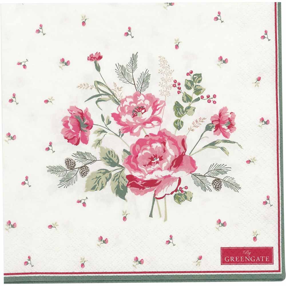 Eine GreenGate - Leonora Papierserviette weiß groß 20 Stück Serviette mit einem Blumenmuster mit einer großen rosa Rose umgeben von kleineren Blumen und grünem Laub auf einem gepunkteten Hintergrund.