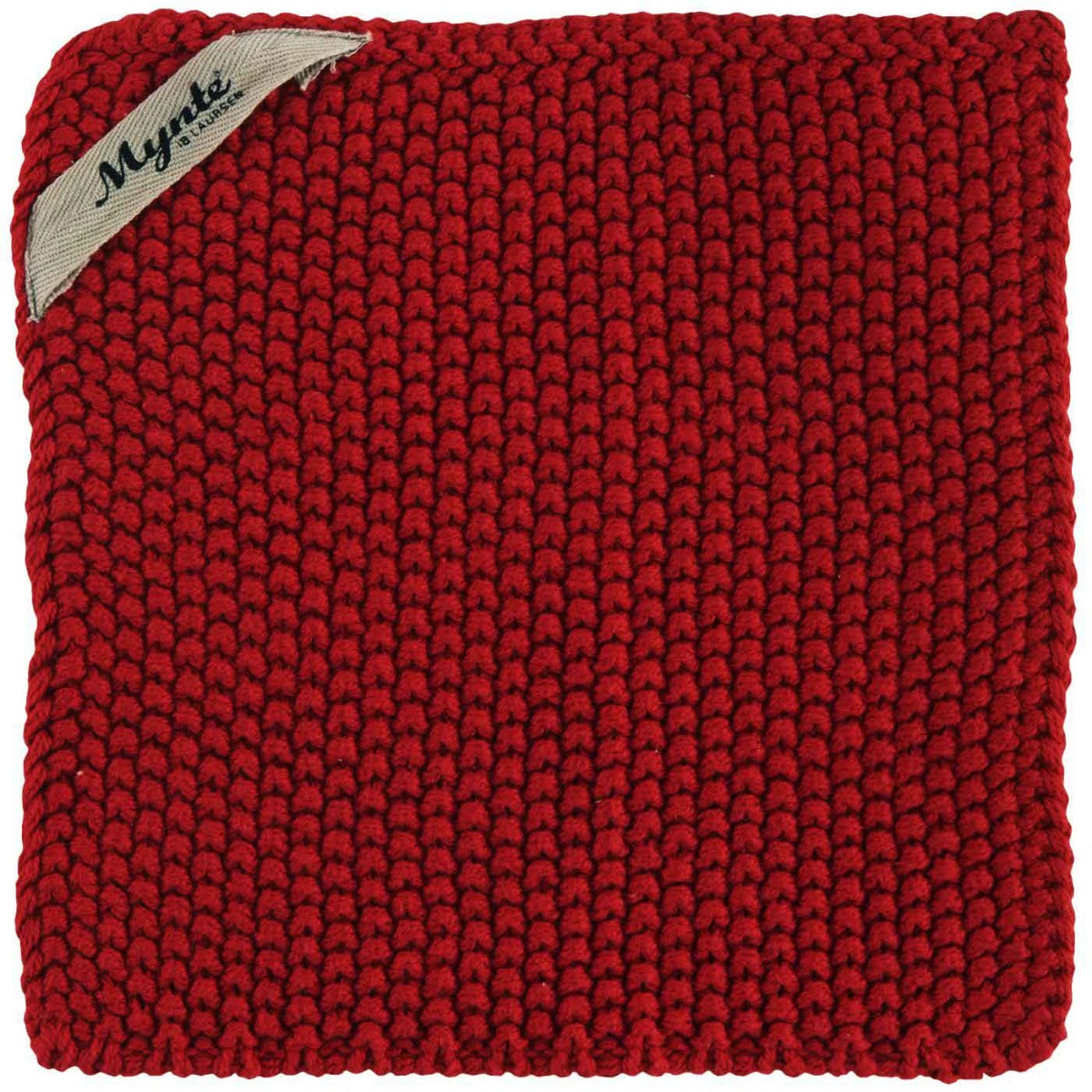 Roter gestrickter Topflappen mit sichtbarem Stoffetikett mit dem Markennamen „Ib Laursen – Topflappen Mynte“ in der oberen linken Ecke.