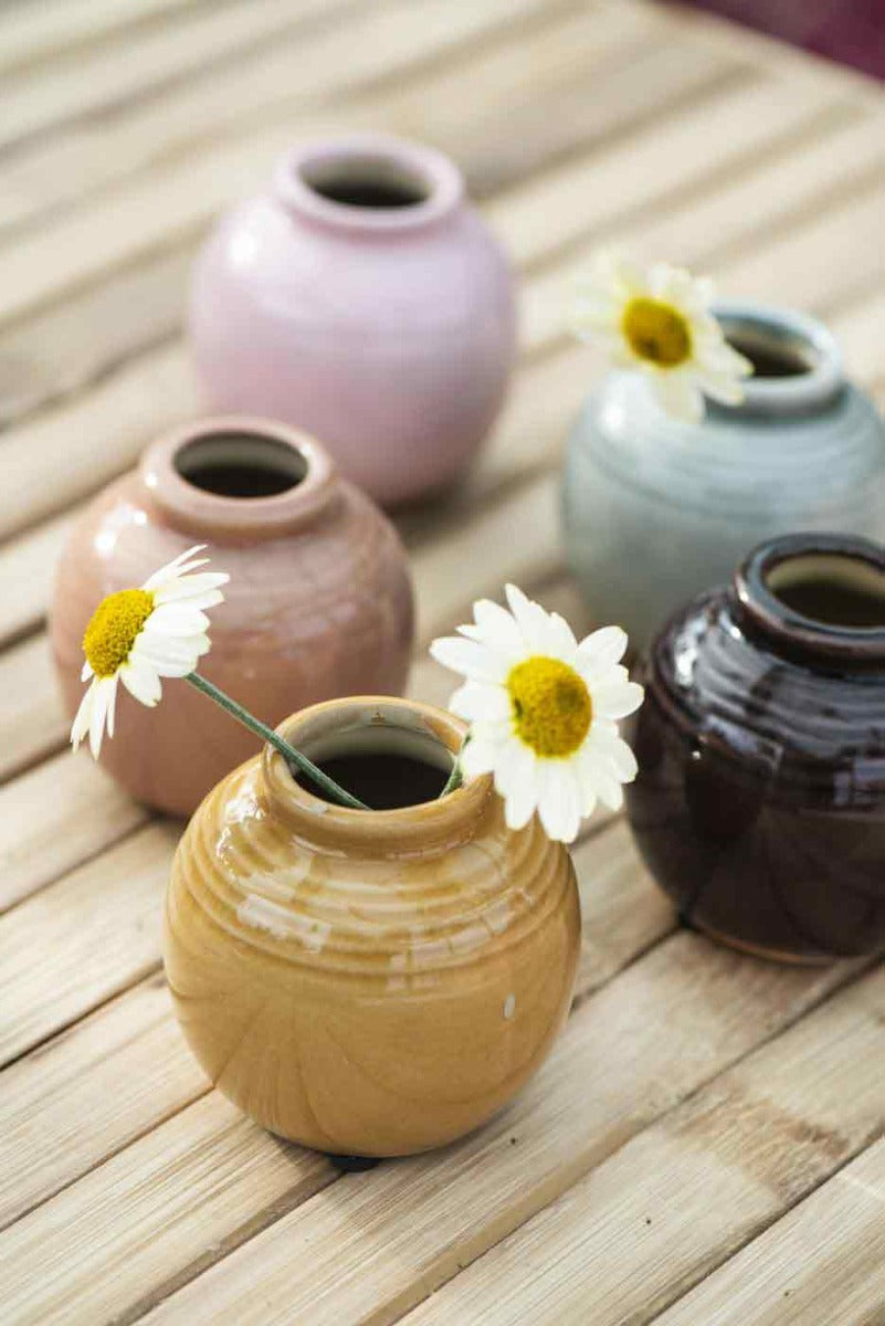 Kleine runde Vasen in Braunrosa, Gelb, Hellblau, Rosa und Dunkelbraun mit einzelnen weißen Blüten auf einem Holztisch