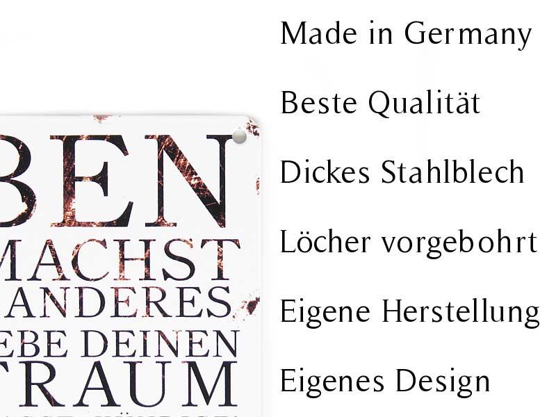 Interluxe-Metallschild „Getränkerückgabe“ mit teilweise sichtbarem deutschem Text, der Sätze wie „Made in Germany“ und „beste Qualität“ auf weißem Hintergrund enthält.