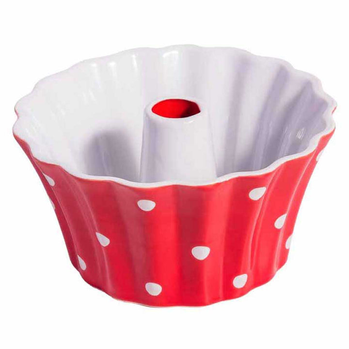 Eine rot-weiße Isabelle Rose - Kuchenform Gugelhupf mit Punkten Pfanne.